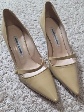 Manolo Blahnik Cream Patent Leather Pointed Mary Jane Pumps, 38.5, $1,295.00